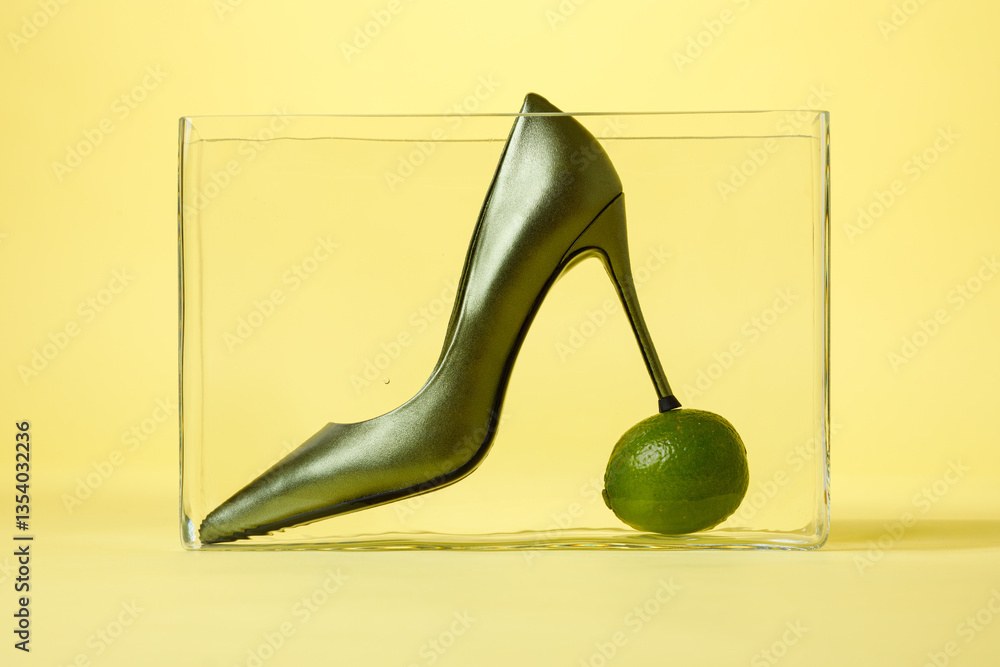 Composition of green high hill shoe with lime against yellow background