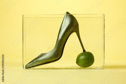 Obraz na płótnie Composition of green high hill shoe with lime against yellow background w salonie