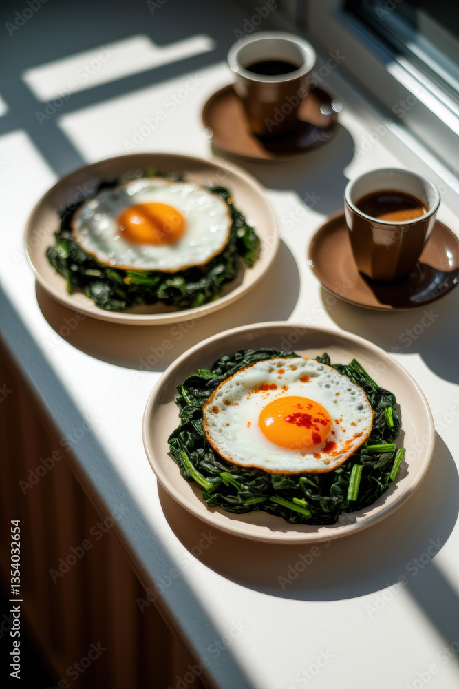 Delicious Breakfast of Sunny-Side Up Eggs on Fresh Greens with Rich Espresso in Natural Morning Light Delicious Breakfast of Sunny-Side Up Eggs on Fresh Greens with Rich Espresso in Natural Morning Light