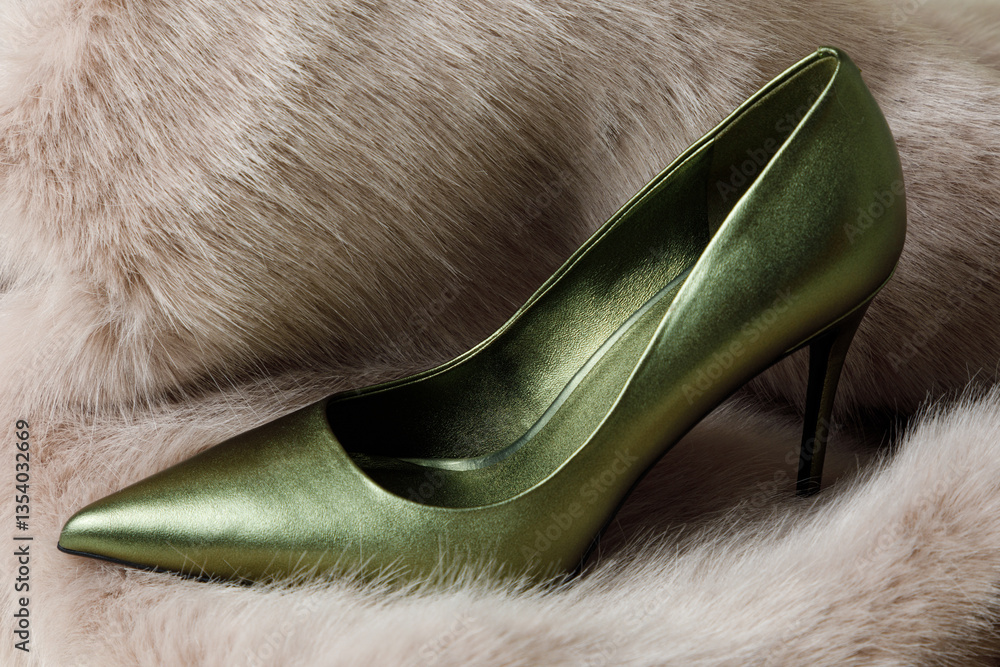 Green high hill shoe against beige fur background