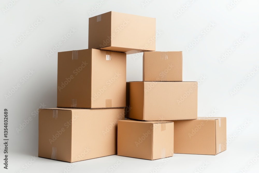 Symmetrically stacked cardboard boxes on white background showcasing texture and simplicity Symmetrically stacked cardboard boxes on white background showcasing texture and simplicity