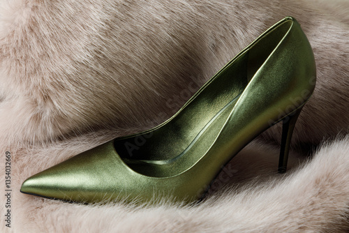 Obraz na płótnie Green high hill shoe against beige fur background w salonie