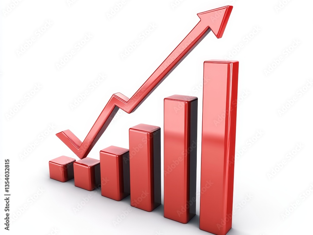 Red upward arrow on growing bar graph against white background illustrates positive trends in data Red upward arrow on growing bar graph against white background illustrates positive trends in data