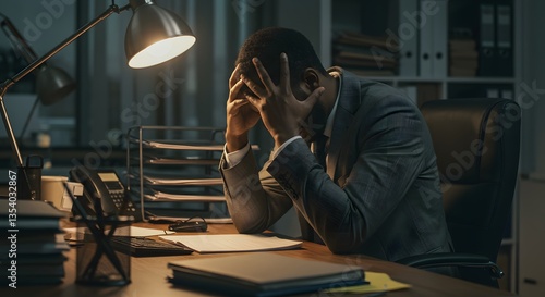 Male employee in a suit sits at a desk with his head in his hands feeling under pressure