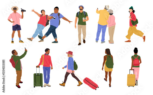 Set of different tourist Characters, men and women with Suitcases And Bags, camera, coffee cup walking side, front, back, rear view. Concept for Travel and vacation. Cartoon People Vector Illustration