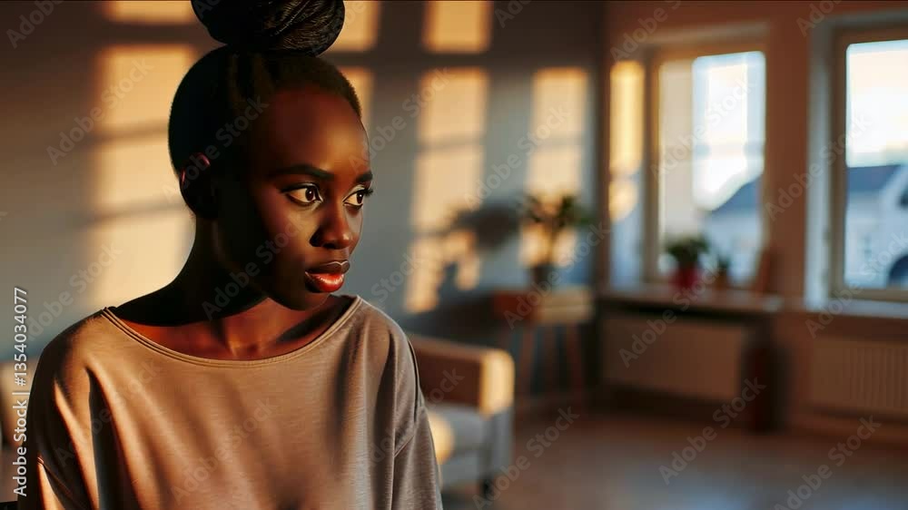Young african american woman is sitting on the couch in the living room ...