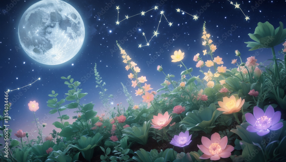 serene night scene featuring full moon illuminating vibrant landscape filled with colorful flowers. sky is adorned with twinkling stars and constellations, creating magical atmosphere serene night scene featuring full moon illuminating vibrant landscape filled with colorful flowers. sky is adorned with twinkling stars and constellations, creating magical atmosphere