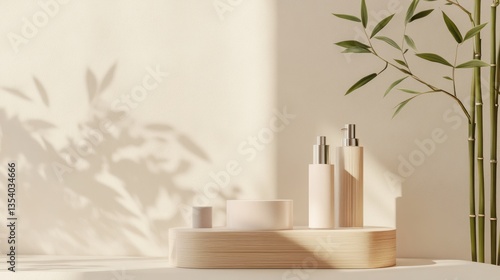 Minimalist cosmetic display, natural light, bamboo, product presentation, for e-commerce