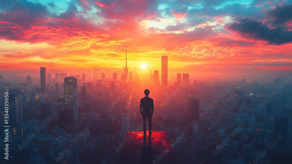 Fototapeta premium Young Professional Silhouette Against Sunset Skyline