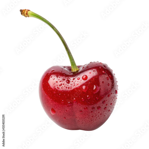 Fresh cherry with droplets of water, vibrant red color, and green stem