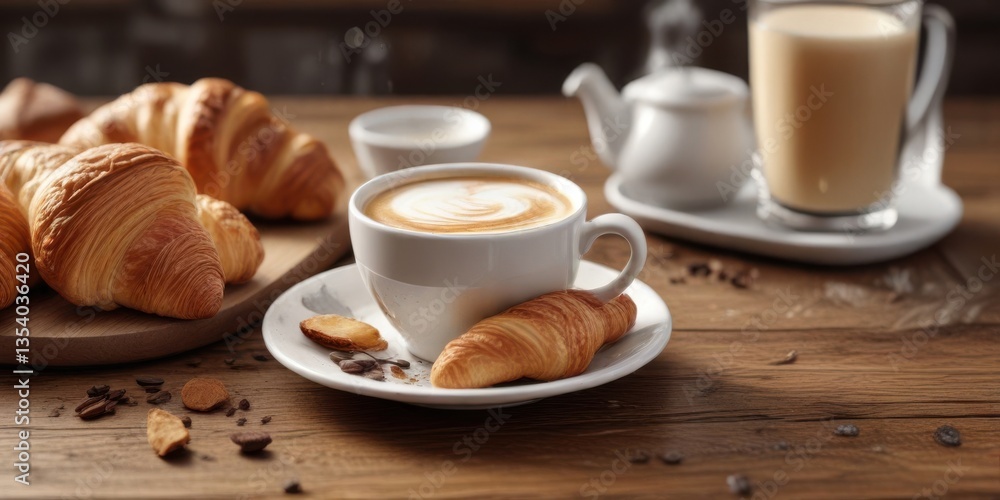 Espresso cup with steaming milk surrounded by flaky croissant pieces on a wooden table , wood background, morning Espresso cup with steaming milk surrounded by flaky croissant pieces on a wooden table , wood background, morning