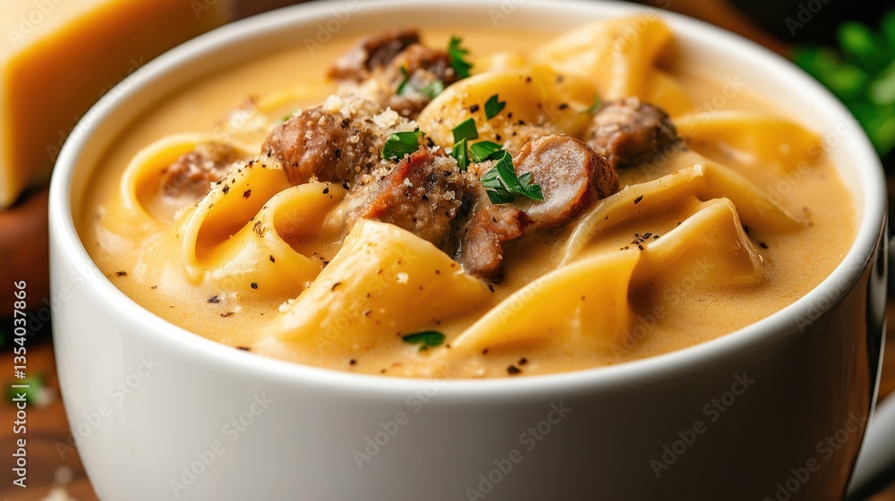 Creamy sausage and mushroom soup with wide ribbon pasta in a modern mug Creamy sausage and mushroom soup with wide ribbon pasta in a modern mug