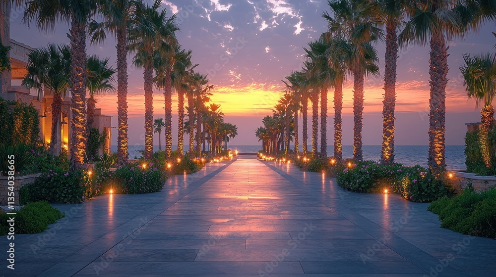Naklejka premium Sunrise Path to Ocean, Palm-Lined Resort Walkway