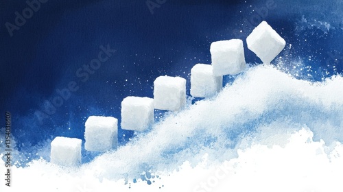 Sugar Cubes Ascending a Snowy Hill: A Watercolor Depiction of Sweetness and Excess