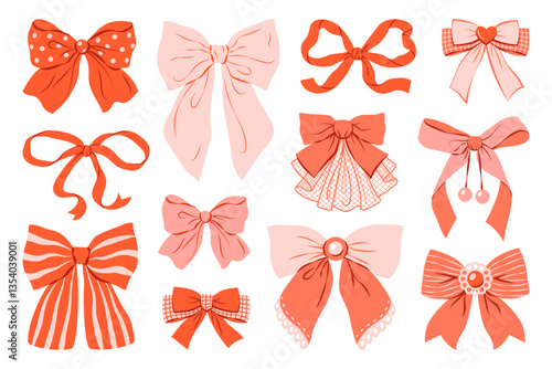 Cute pink and red ribbon bow collection. Trendy hair braiding accessory. Perfect for festive packaging and birthday designs, greeting cards. Hand drawn vector illustration.