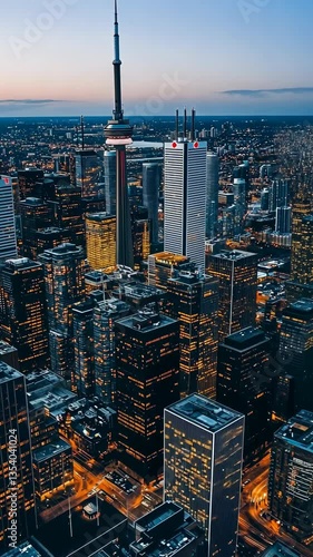 City skyline glowing at dusk featuring iconic tower and bustling urban life
