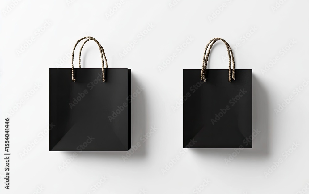 Two identical black paper shopping bags, with brown twine handles, on a white background. Empty, ready for branding Two identical black paper shopping bags, with brown twine handles, on a white background. Empty, ready for branding