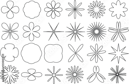 Modern Geometric outline Flower. Abstract Basic line Shape. Brutalist flower star line art shape. 