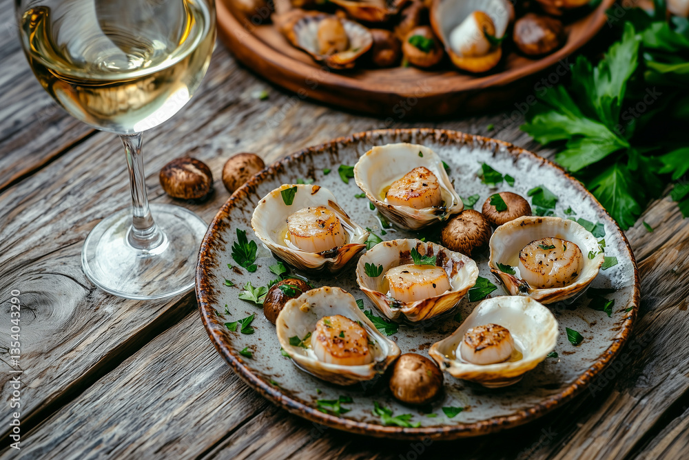 Delicious fried scallops on a plate and a glass of white wine on a restaurant table background. Delicious fried scallops on a plate and a glass of white wine on a restaurant table background.