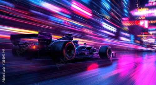 A Formula 1 car in motion with neon lights in the background
