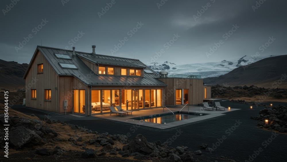 Obraz premium A modern house with warm lights set against a dramatic Icelandic landscape.