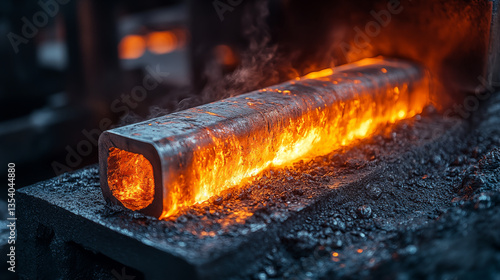 Hot metal ingot forging in metallurgical factory with glowing heat, industrial manufacturing and steel production concept