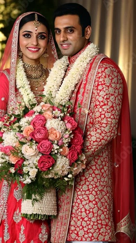 Couple celebrates their wedding with traditional attire and vibrant floral arrangements in a festive atmosphere