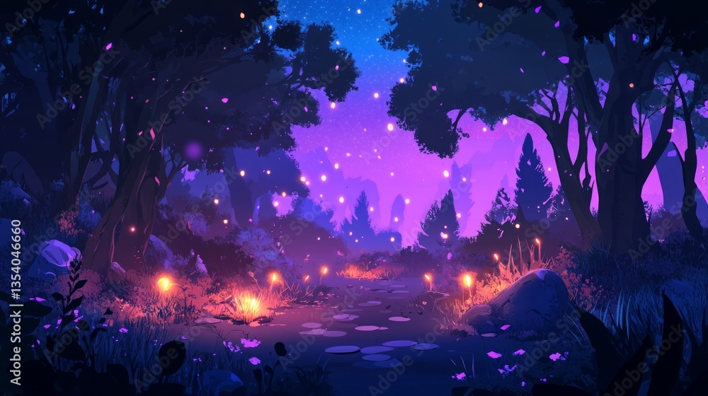 Obraz premium Gloomy fantasy forest scene at night with glowing lights.