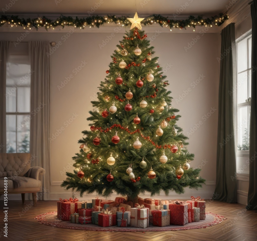 Festive Christmas Tree with Ornaments and Garland , festive decor, pinecones Festive Christmas Tree with Ornaments and Garland , festive decor, pinecones