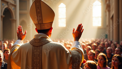 The pope blessing people, back view in front of crowd