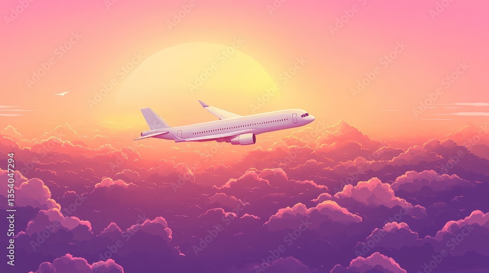 Airplane soaring through vibrant sunset clouds, capturing the essence of travel and adventure in the sky Airplane soaring through vibrant sunset clouds, capturing the essence of travel and adventure in the sky