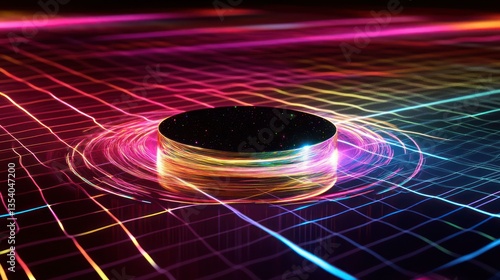A metallic disk at the center of the image, encircled by glowing, multicolored lines that ripple outwards