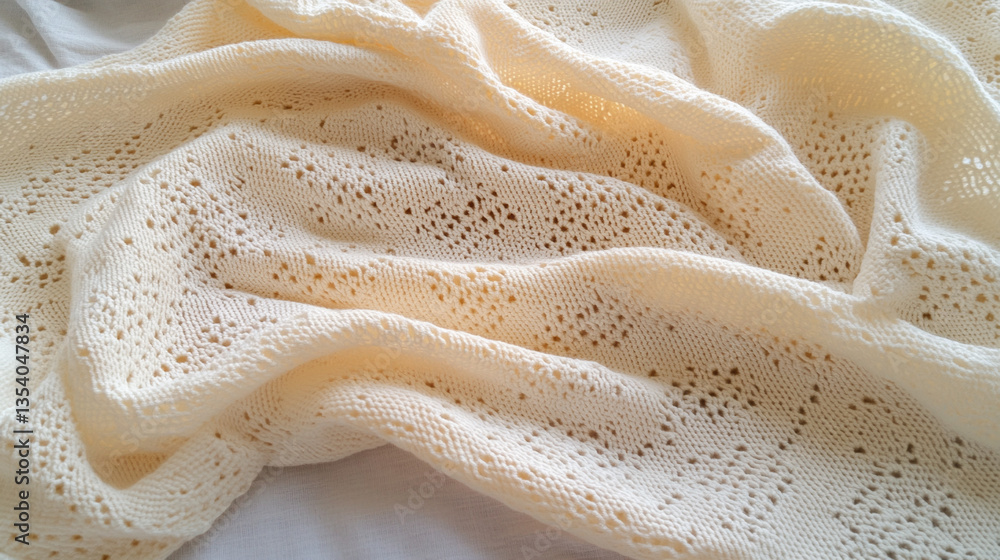 Soft knitted cream blanket draped on a light background Soft knitted cream blanket draped on a light background