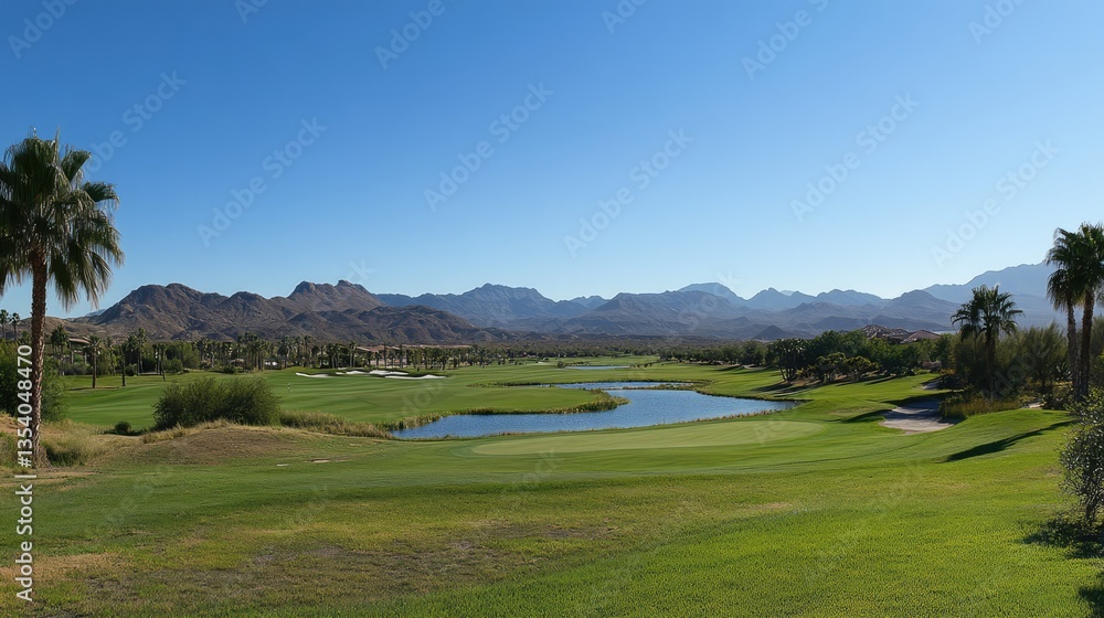 Naklejka premium Palm Springs Golf Course Panorama with Coachella Valley Mountains - California Web Banner
