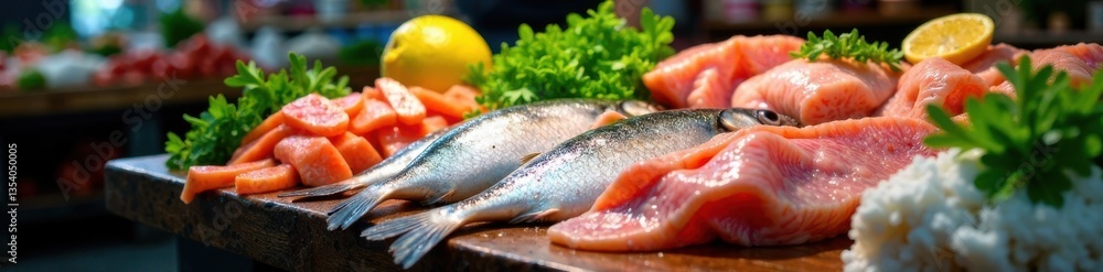 Fish market with fresh catches of the day , seafood flat icons, ocean Fish market with fresh catches of the day , seafood flat icons, ocean