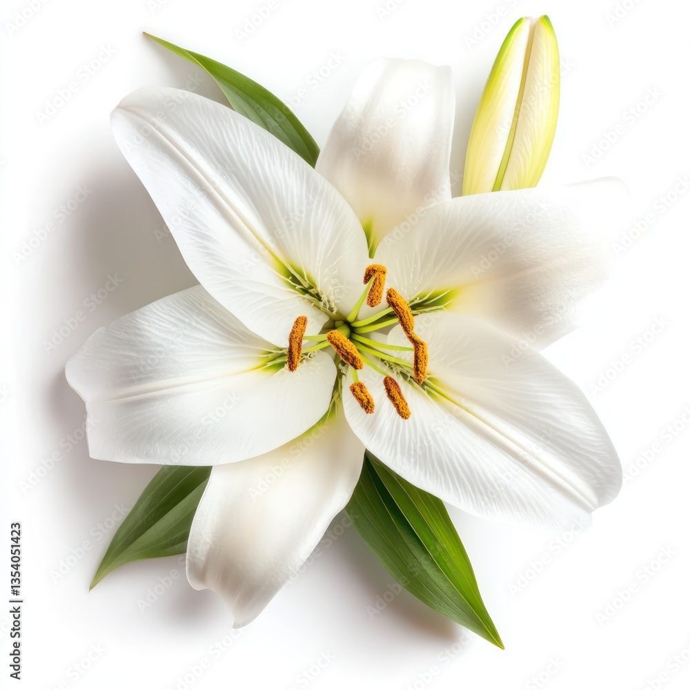 Fototapeta premium A realistic white lily in full bloom, showcasing its delicate petals and bright yellow stamens