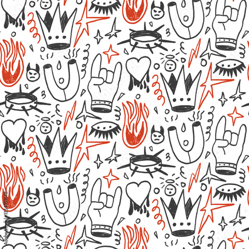 Girly punk rock crayon seamless pattern. Graffiti doodle marker endless background. Naive hors, fire, crown repeat cover. Crayon continuous black and red ornament. Vector hand drawn illustration.