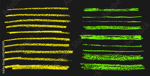 Crayon underline set. Pencil straight scribble lines pack. Vector hand drawn neon colors brush stroke collection illustration isolated on dark background. Kids highlights handwritten shape elements.