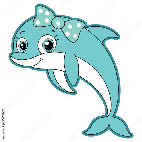Cartoon Smiling Dolphin, Aqua Color, Black Outline, Cute Bow, Joyful Expression