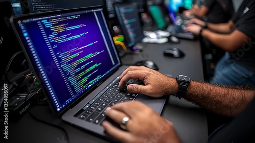 software engineer coding at a laptop in a minimalist creative studio, with projector showing graphs, youthful and driven vibe