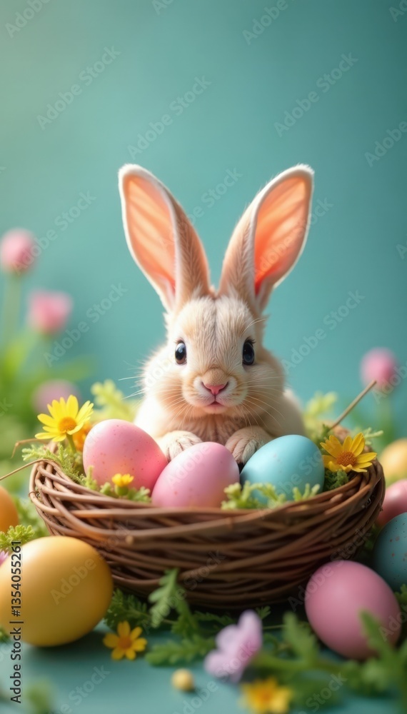 Fototapeta premium Bunny ears in the center of a colorful easter egg nest , nesting, outdoors