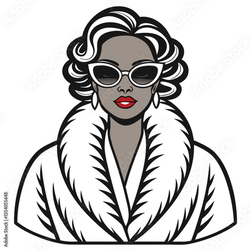 AfricanAmerican Woman with Sunglasses, Red Lips, White Fur Coat, Striking Design