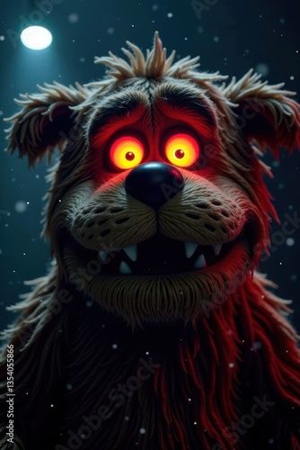 Close-up of shaggy monster's glowing red eyes in dark environment, dark environment, scaly skin