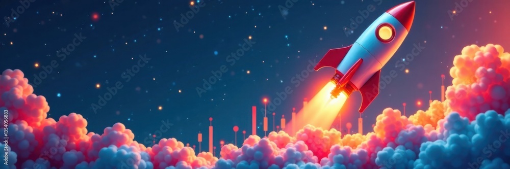 Naklejka premium Colorful rocket blasting off into the sky with a financial chart in the background, business, soaring, upward trend