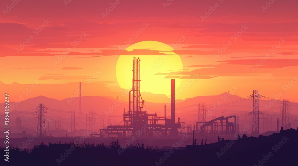 Sunset over an industrial landscape featuring silhouettes of factories and power lines against a vibrant sky Sunset over an industrial landscape featuring silhouettes of factories and power lines against a vibrant sky