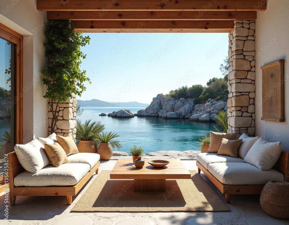 Fototapeta premium Cozy beachside lounge with sofas and sea view, Mediterranean-inspired decor. generative AI