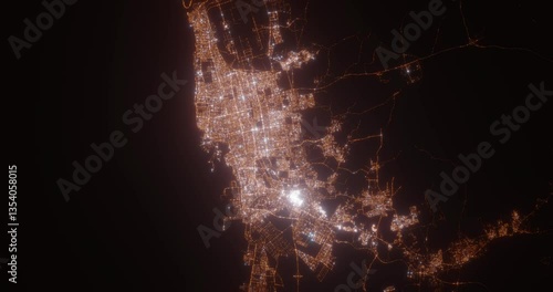 Jeddah (Saudi Arabia) aerial view at night. Top view on city from space. Camera is zooming in, rotating clockwise