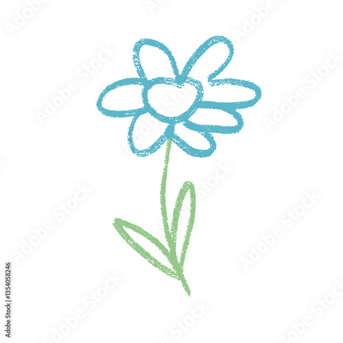 Daisy flower crayon drawn. Spring plant doodle isolated on white background. Summer floral kids element. Chalk or pastel style childish scrawl wildflower shape. Vector naive illustration by pencil.