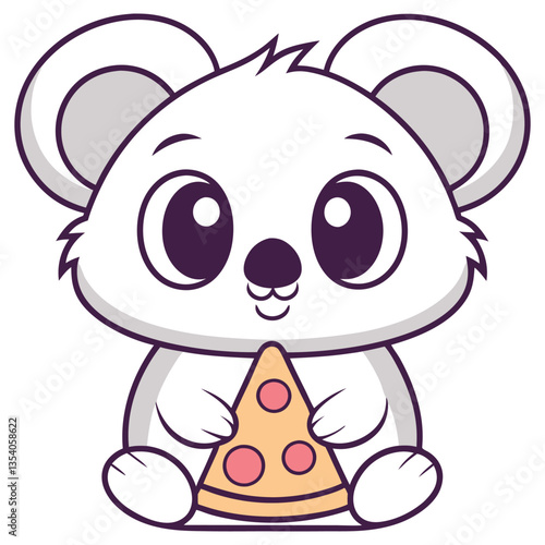 Cute Cartoon Koala Sitting and Holding Slice of Pizza, Isolated on White Background