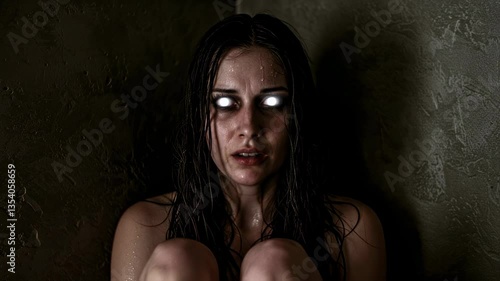 Woman with demonic white eyes sits in corner of dim room, expressing a mix of fear, possession and loss of control